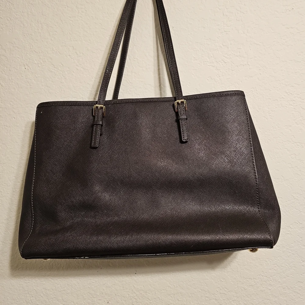 Michael Kors Dark Brown Saffiano Leather Tote with Gold Logo Charm